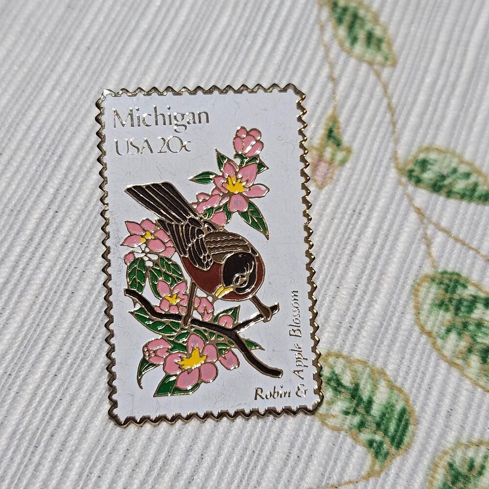 vintage cottagecore coquette robin apple blossom Michigan usps stamp pin